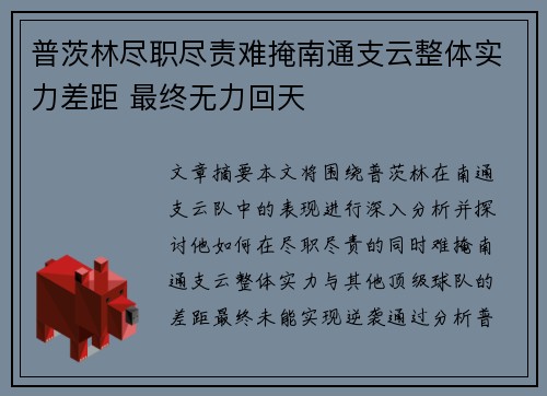 普茨林尽职尽责难掩南通支云整体实力差距 最终无力回天